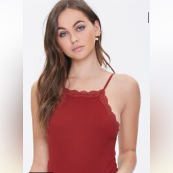 Forever 21 Tops - Forever 21 Scalloped Floral Lace-Trim Ribbed Bodysuit